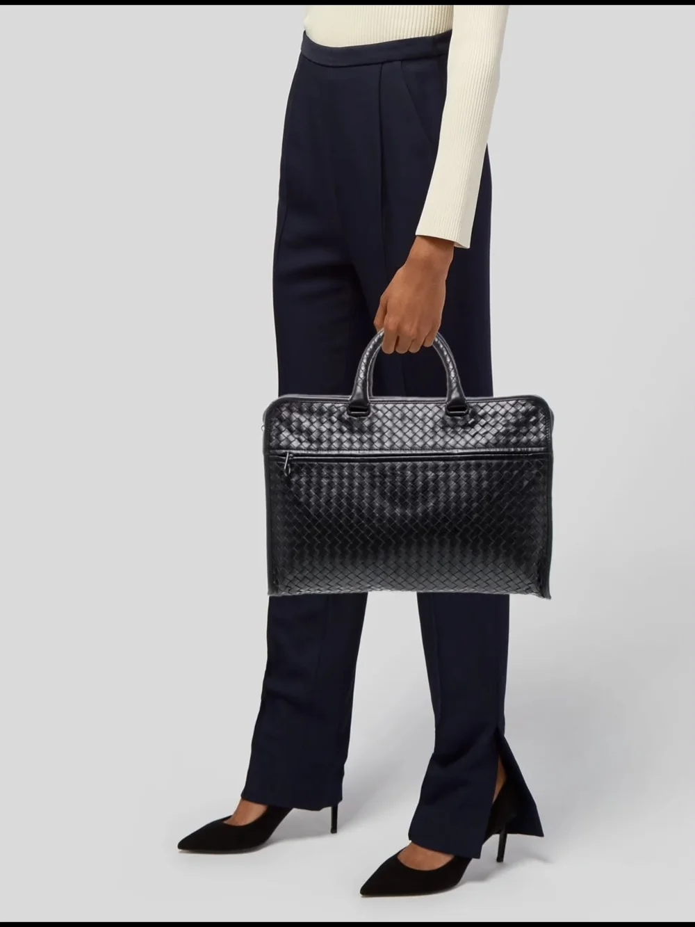 Bottega Veneta Intrecciato Top Zip Briefcase Navy Blue